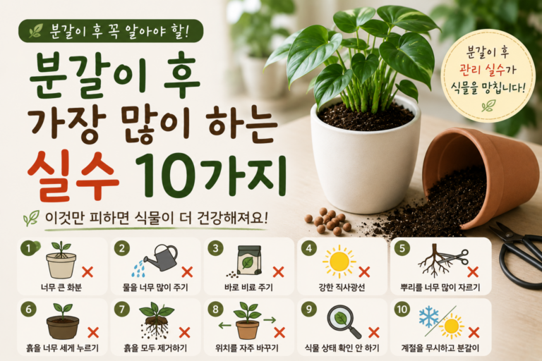 분갈이 후 가장 많이 하는 실수 10가지, 건강한 관엽식물을 위한 관리 방법 2 분갈이 후 가장 많이 하는 실수 10가지 썸네일